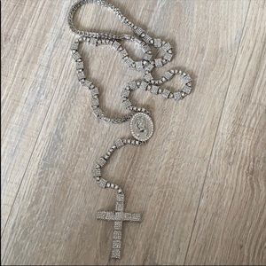 Silver holy religious cross rosary bling iced out